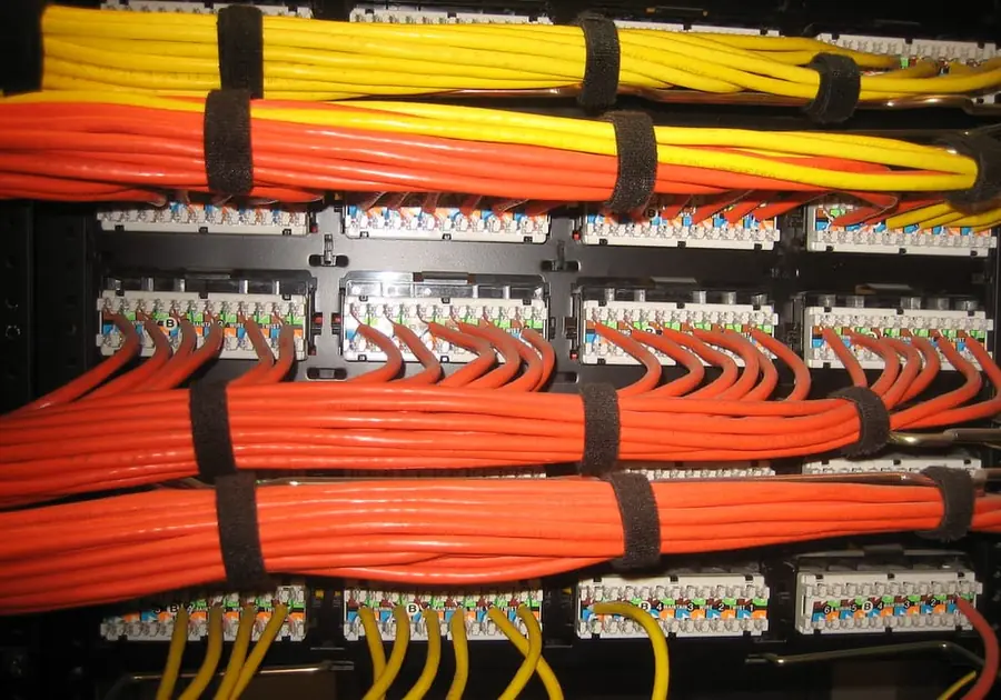Neatly organized network patch panel with structured low-voltage cabling